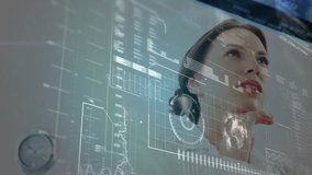 Data analyst gazing upward in lab activating radial diagram and rotating globe for monitoring data. Futuristic, technology, analytics, monitoring, visualization, minimalist, scientific - Powered by Shutterstock - Get 15% off with code: PIKWIZARD15