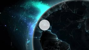 On phone icon appearing wireframe Earth rotating spawning nodes and lines showing global network. Technology, connectivity, innovation, digital, cyberspace, network, communication - Powered by Shutterstock - Get 15% off with code: PIKWIZARD15