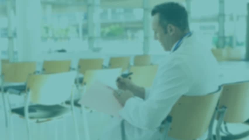 Doctor starting writing pink form notes in waiting hall, mapping icon network for data review. Medical, professional, healthcare, digital, technology, communication, office - Powered by Shutterstock - Get 15% off with code: PIKWIZARD15