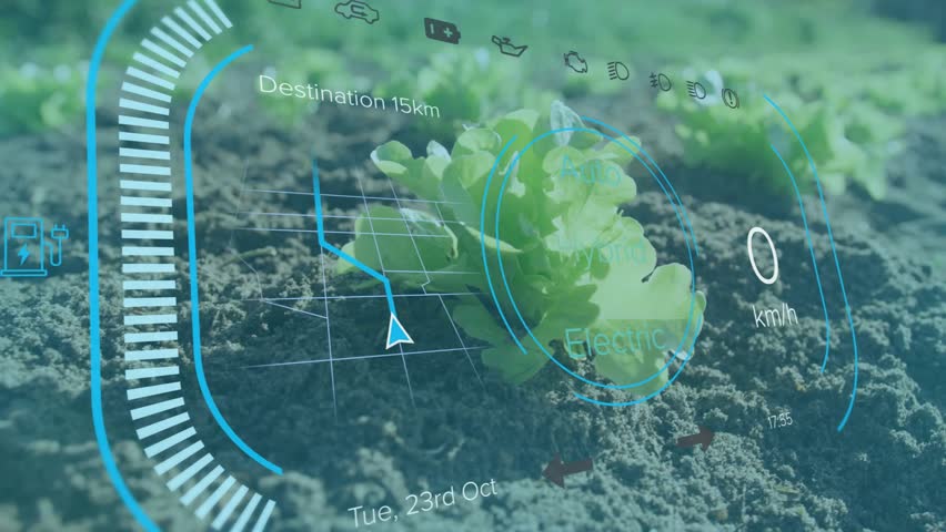 Lettuce sprout nestling soil HUD map fading monitoring gauge rising through Auto to Hybrid Electric. Agriculture, technology, innovation, sustainable, growth, precision, environment