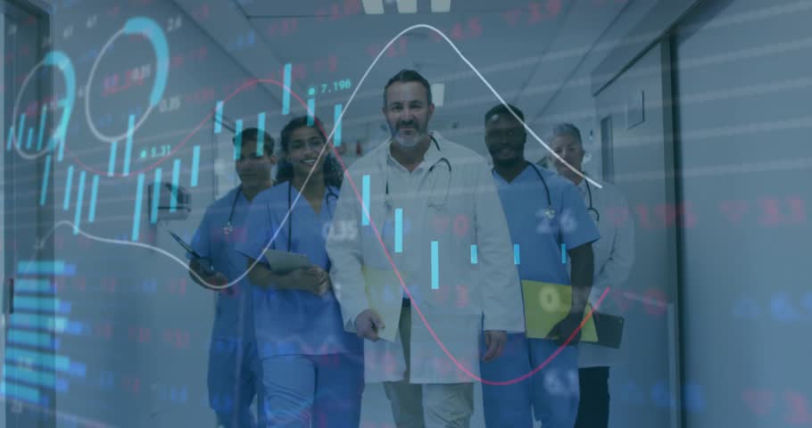Medical team starting walking down corridor and showcasing animated financial charts for insights. Medical professionals, healthcare, teamwork, data visualization, clinical, modern, innovation