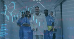 Medical team starting walking down corridor and showcasing animated financial charts for insights. Medical professionals, healthcare, teamwork, data visualization, clinical, modern, innovation - Powered by Shutterstock - Get 15% off with code: PIKWIZARD15