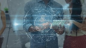 Colleagues holding tablet and tapping screen while rotating holographic data globe business meeting. Collaboration, technology, futuristic, innovation, business, networking, data visualization - Powered by Shutterstock - Get 15% off with code: PIKWIZARD15