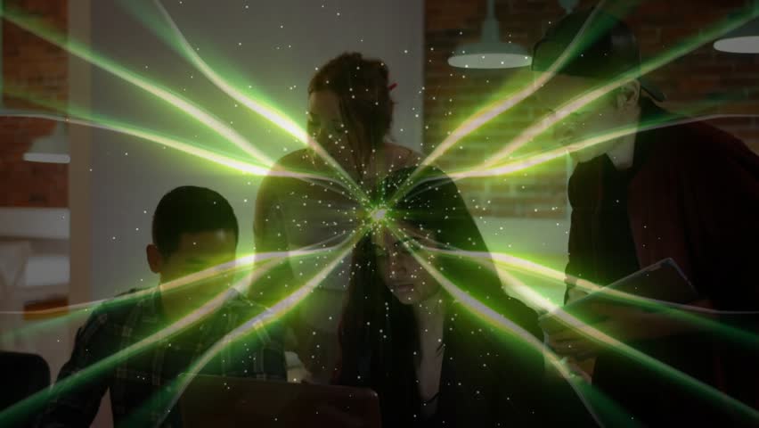 Woman typing laptop, team leaning in activating green energy overlay for business collaboration. Collaboration, teamwork, innovation, digital, brainstorming, modern, productivity - Powered by Shutterstock - Get 15% off with code: PIKWIZARD15