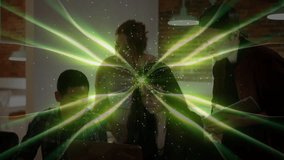 Woman typing laptop, team leaning in activating green energy overlay for business collaboration. Collaboration, teamwork, innovation, digital, brainstorming, modern, productivity - Powered by Shutterstock - Get 15% off with code: PIKWIZARD15