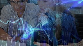 Team leaning over laptop in business starting graph overlay showing peaks, valleys and nodding. Analysis, collaboration, data visualization, technology, strategyl, innovation, teamwork - Powered by Shutterstock - Get 15% off with code: PIKWIZARD15