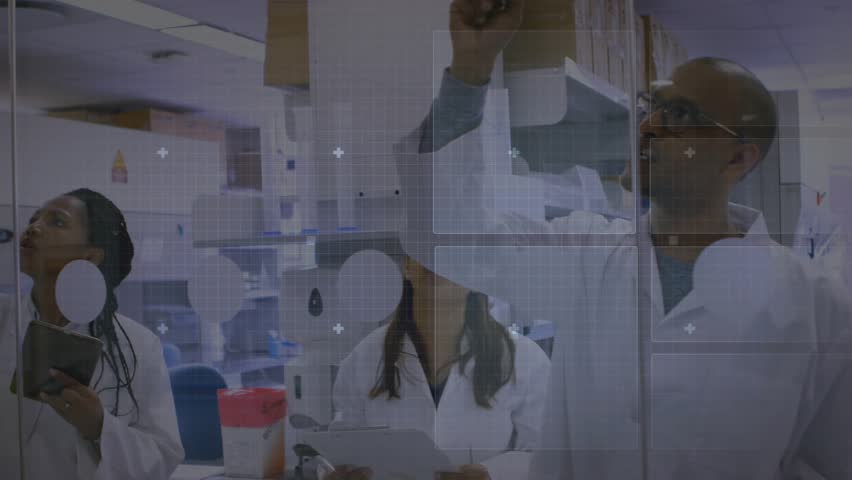 Scientists in lab raising tablet, activating circuits on display, cycling charts for analysis. Research, innovation, technology, collaboration, futuristic, data, analysis - Powered by Shutterstock - Get 15% off with code: PIKWIZARD15