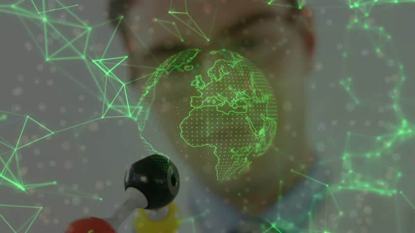 Male scientist raising molecular model and viewing rotating 3D globe over mesh analyzing tech data. Futuristic, innovation, technology, digital, global, research, connectivity - Powered by Shutterstock - Get 15% off with code: PIKWIZARD15