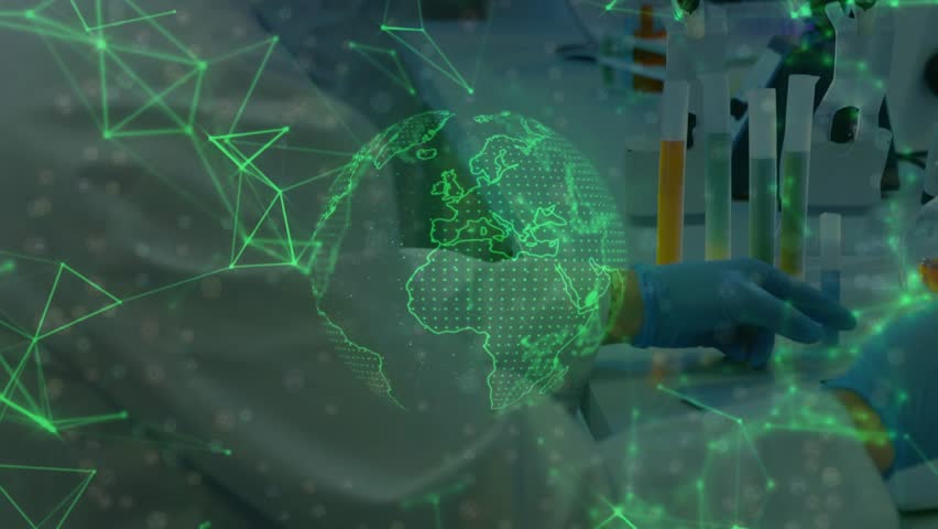 Rotating digital globe initiating scientists tapping pipettes, drawing liquids for health research. Technology, innovation, collaboration, laboratory, science, research, holographic - Powered by Shutterstock - Get 15% off with code: PIKWIZARD15