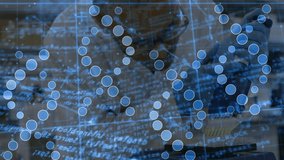 Scientist placing plate and tip rack, pipetting fluid while animating overlay nodes for research. Biotechnology, experimentation, innovation, digital interface, molecular, analytics, precision - Powered by Shutterstock - Get 15% off with code: PIKWIZARD15