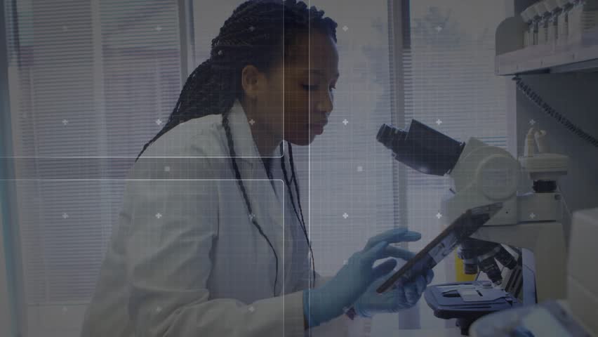 Scientist placing slide onto microscope, twisting knob revealing data bars HUD rings for analysis. Laboratory, innovation, visualization, precision, technology, discovery, scientific