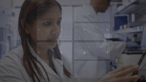 Female scientist tapping tablet screen in lab, holographic HUD updating charts, code for analysis. Technology, innovation, collaboration, research, futurism, digital, science - Powered by Shutterstock - Get 15% off with code: PIKWIZARD15
