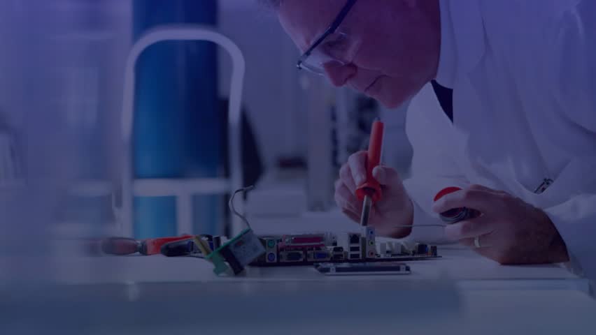 Electronics tech placing board on mat tuning board checking AR gauge fluctuating with DNA helix map. Technology, innovation, experiment, augmented reality, precision, diagnostics, scientific - Powered by Shutterstock - Get 15% off with code: PIKWIZARD15
