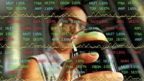 Gripping handle and lifting carafe, woman inspecting coffee level while ticker updates finance data. Modern, tech-savvy, minimalist, data visualization, workspace, analytical, focused - Powered by Shutterstock - Get 15% off with code: PIKWIZARD15