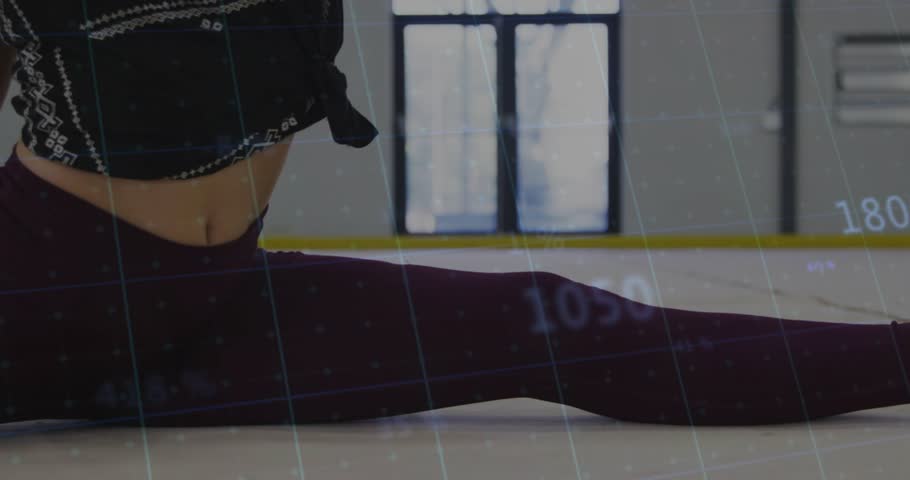 Dancer initiating split as graphs overlaying, guiding scorpion stretch for fitness tracking. Flexibility, aerobics, workout, sportswear, dynamic, athletic, performance