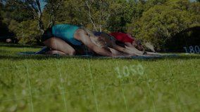 Three women shifting from child pose to upward dog in fitness routine, displaying performance data. Fitness, wellness, yoga, group exercise, outdoor sports, athletic, harmony - Powered by Shutterstock - Get 15% off with code: PIKWIZARD15