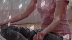 Meditating woman exhaling causing red chart rising over symbols on grid window for wellness. Meditation, mindfulness, serenity, digital interface, workspace, relaxation, nature - Powered by Shutterstock - Get 15% off with code: PIKWIZARD15