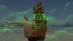 Adult female stretching on shore with green waveforms initiating data grids ensuring data security. Technology, cybersecurity, analytics, biometric, fitness, digital, innovation - Powered by Shutterstock - Get 15% off with code: PIKWIZARD15