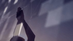 Silhouetted woman holding arms overhead on beach, sun rising initiating code overlays moving chart. Silhouette, digital, sunrise, sunset, ocean, progress, innovation - Powered by Shutterstock - Get 15% off with code: PIKWIZARD15