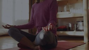 Woman meditating on red mat initiating health scan with neon circuit tree mapping energy flow. Mindfulness, technology, wellness, calm, futuristic, interior, tranquility - Powered by Shutterstock - Get 15% off with code: PIKWIZARD15