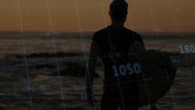 surfer walking into surf and gazing at sunset sea while digital grid visualizing market trends. Coastal, technology, analysis, calm, futuristic, adventure, resilience - Powered by Shutterstock - Get 15% off with code: PIKWIZARD15