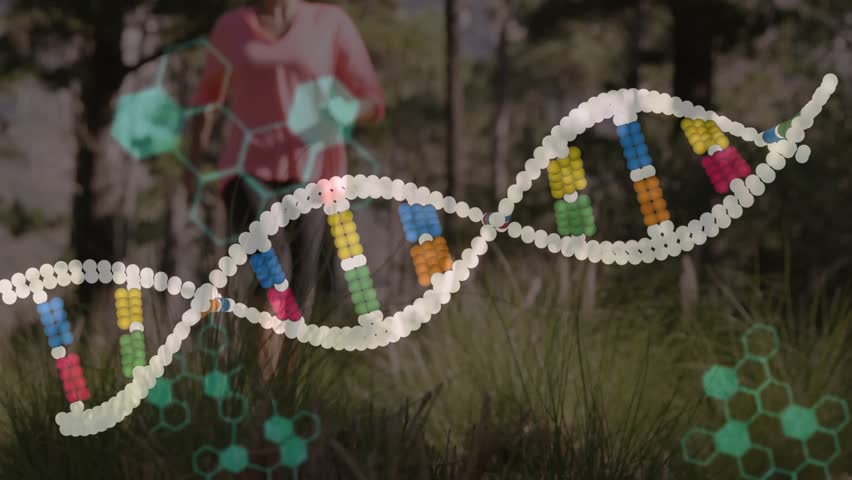 Woman walking through glade while genomic helix reacting to motion and animating code for biotech. Nature, fitness, technology, innovation, vitality, energy, digital - Powered by Shutterstock - Get 15% off with code: PIKWIZARD15