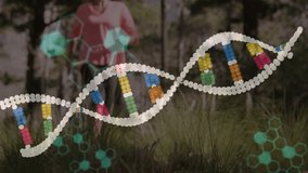 Woman walking through glade while genomic helix reacting to motion and animating code for biotech. Nature, fitness, technology, innovation, vitality, energy, digital - Powered by Shutterstock - Get 15% off with code: PIKWIZARD15