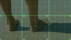 Camera panning upward, man standing on shoreline, tapping smartphone with green tech grid scanning. Seascape, casual, minimalism, technology, outdoors, serenity, digital - Powered by Shutterstock - Get 15% off with code: PIKWIZARD15