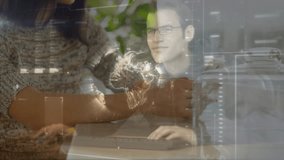 woman typing on laptop and initiating globe overlay as man studying code in tech project. Collaboration, teamwork, innovation, technology, digital, analytics, communication - Powered by Shutterstock - Get 15% off with code: PIKWIZARD15