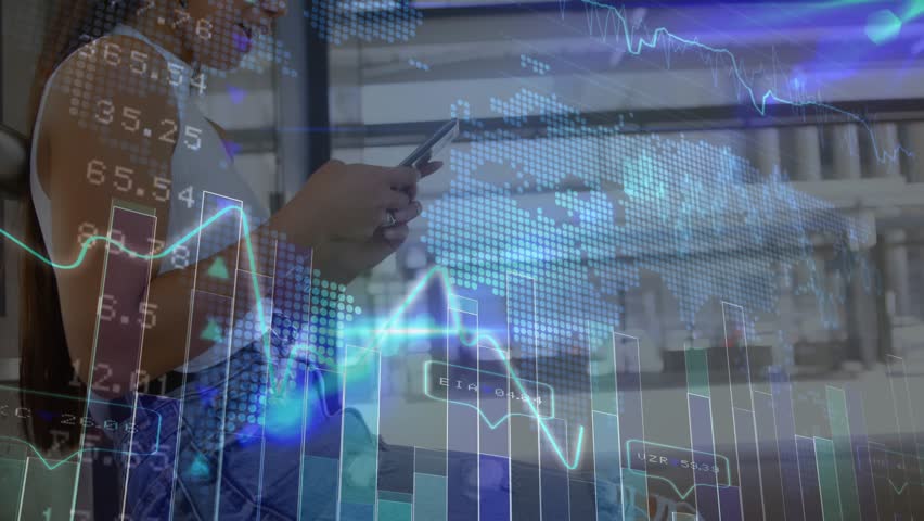 Woman tapping smartphone and animating world map with data charts for analyzing tech metrics. Business analytics, data visualization, digital interface, technology workspace, professional lifestyle, - Powered by Shutterstock - Get 15% off with code: PIKWIZARD15