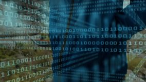 Pulsing binary code overlaying canyon hiker retrieving device and inspecting technology data. Technology, adventure, rugged, exploration, data, outdoor, discovery - Powered by Shutterstock - Get 15% off with code: PIKWIZARD15