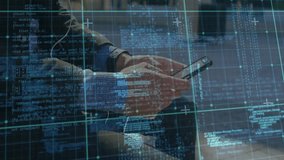 Man inserting earphones in smartphone interacting screen while code grid animating for analytics. Technology, digital, interface, modern, communication, innovation, data - Powered by Shutterstock - Get 15% off with code: PIKWIZARD15