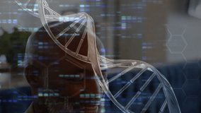 Camera focusing analyst checking laptop and phone with moving DNA helix guiding genomic analysis. Biotechnology, research, innovation, digital, science, analytic, modern - Powered by Shutterstock - Get 15% off with code: PIKWIZARD15