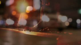 Female musician striking opening chord on keyboard shaping melody amid bokeh lights for night music. Instrument, nocturne, ambiance, serenity, performance, urban, artistry - Powered by Shutterstock - Get 15% off with code: PIKWIZARD15
