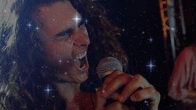 Music singer gripping mic, unleashing notes emotionally with starfield and revealing keyboardist. Performance, concert, vocalist, stage, lighting, harmony, instrument - Powered by Shutterstock - Get 15% off with code: PIKWIZARD15
