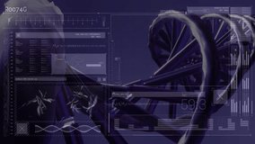 On start DNA helix rotating and panning while UI panels update metrics showing genetic analysis. Futuristic, scientific, data visualization, biotechnology, innovation, digital, high-tech - Powered by Shutterstock - Get 15% off with code: PIKWIZARD15