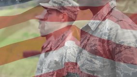 Camera zooming to highlight front right soldier framed by transparent flag overlay in military. Military, discipline, teamwork, patriotism, unity, valor, strength - Powered by Shutterstock - Get 15% off with code: PIKWIZARD15