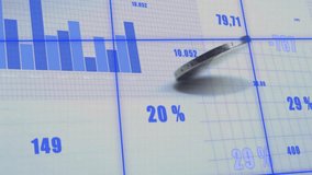 Flicking coin spinning across grid while updating blue charts visualizing numeric data progression. Finance, analytics, data, technology, investment, futuristic, digital - Powered by Shutterstock - Get 15% off with code: PIKWIZARD15