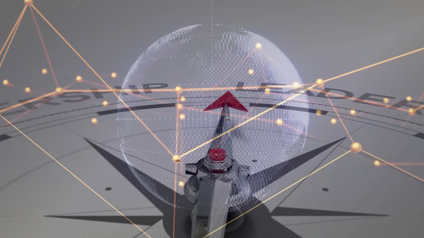 3D globe rising above compass driving pointer rotating clockwise aligning red leadership label. Global, navigation, technology, innovation, strategy, connectivity, futuristic - Powered by Shutterstock - Get 15% off with code: PIKWIZARD15