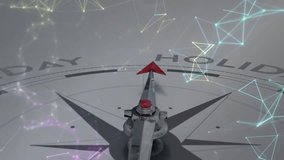 Compass rose pulsating nodes fading in, red pointer rotating clockwise to highlight HOLIDAY text. Navigation, connectivity, technology, innovation, digital, futuristic, exploration - Powered by Shutterstock - Get 15% off with code: PIKWIZARD15