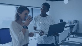 Colleague tapping laptop showing network while peer sipping mug collaborating on digital project. Collaboration, digital, technology, networking, business, workspace, modern - Powered by Shutterstock - Get 15% off with code: PIKWIZARD15