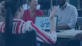 presenter raising hand initiating business discussion as team viewing chart and icons appearing. Collaboration, teamwork, digital, innovation, professional, communication, analytics - Powered by Shutterstock - Get 15% off with code: PIKWIZARD15