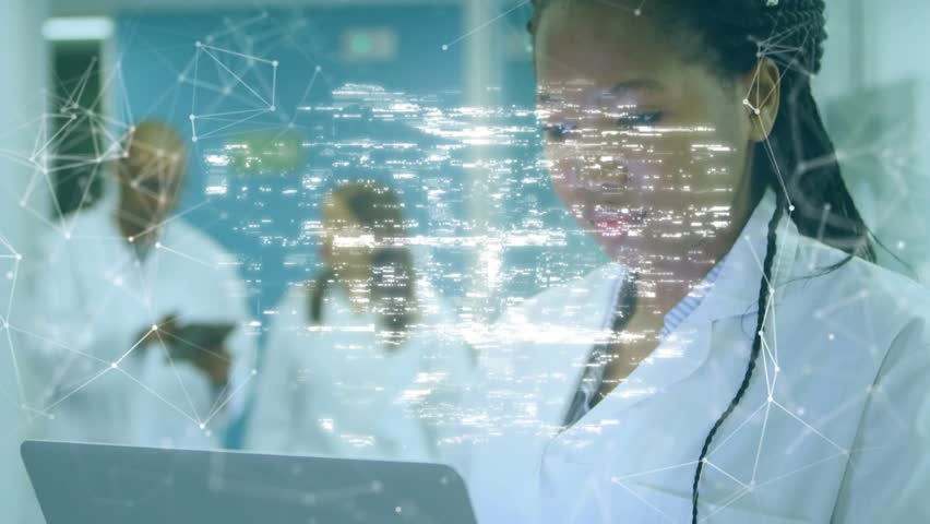 Woman doctor tapping trackpad securing patient data as glowing streams forming locked shield. Healthcare, cybersecurity, digital, professionalism, collaboration, innovation, technology - Powered by Shutterstock - Get 15% off with code: PIKWIZARD15