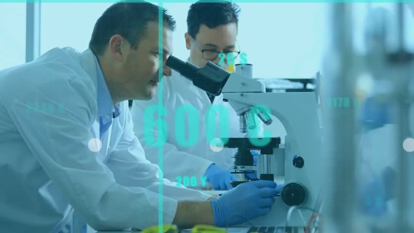 Grid overlay appearing guiding lab researchers focusing slide drawing fluid monitoring charts. Science, collaboration, laboratory, analytics, innovation, diagnostics, technology - Powered by Shutterstock - Get 15% off with code: PIKWIZARD15