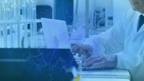 Senior scientist typing on lab laptop, initiating binary code flow into cybersecurity shield icon. Cybersecurity, data protection, innovation, technology, digital security, research, professional - Powered by Shutterstock - Get 15% off with code: PIKWIZARD15