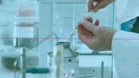 Senior chemist grabbing syringe drawing amber sample dispensing on scale pressing button to weigh. Laboratory, precision, research, instrumentation, scientific, technology, analytical - Powered by Shutterstock - Get 15% off with code: PIKWIZARD15