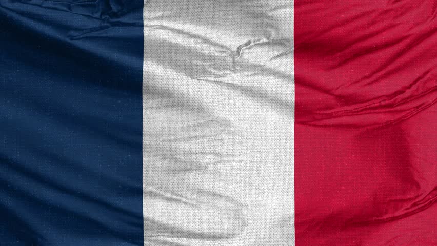 A textured close-up of the French flag (Tricolour), showcasing its vibrant blue, white, and red vertical stripes with natural fabric folds.