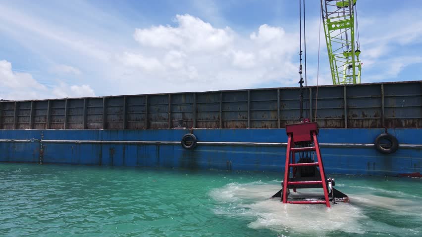 Marine dredging barge with crane excavating seabed soil
