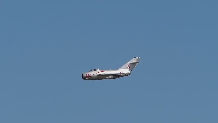 Bucharest, Romania 30.08.2025, Slow motion of Mig 15 bis in a blue sky
