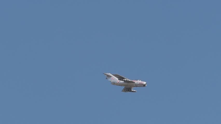 Bucharest, Romania 30.08.2025, Slow motion of Mig 15 bis in a blue sky
